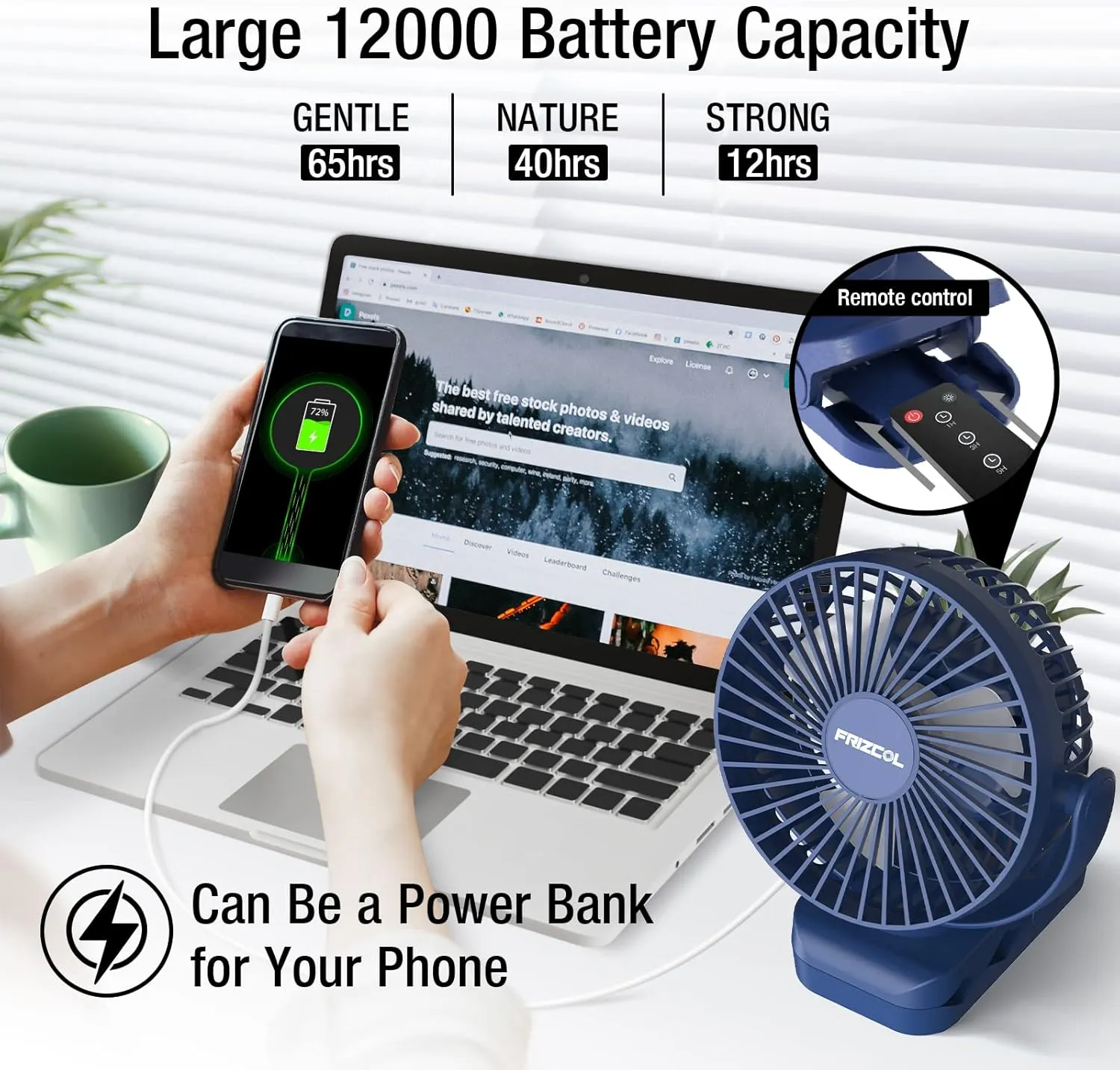 Portable Clip-on Fan with LED Lights & Hook, 65 Working Hours, 12000mAh Battery, USB Rechargeable for Desk, Tent, Treadmill, Stroller, Golf Cart, Home