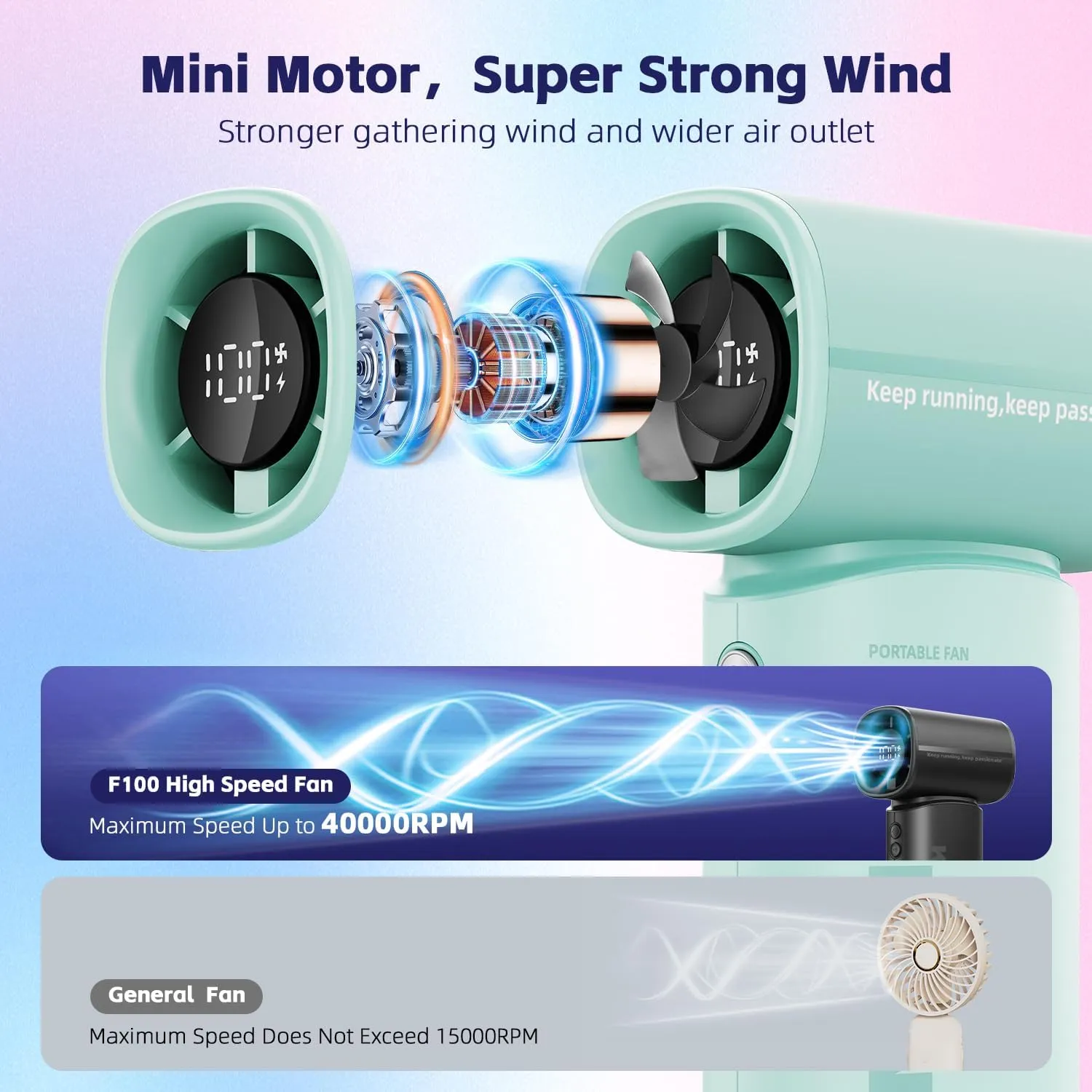 Portable Handheld Turbo Fan,100 Speeds Adjustable Mini Personal Fan, 4000mAh USB Rechargeable Battery Operated, LED Display,Gifts for Women Men Travel/Camping/Outdoor (Green)