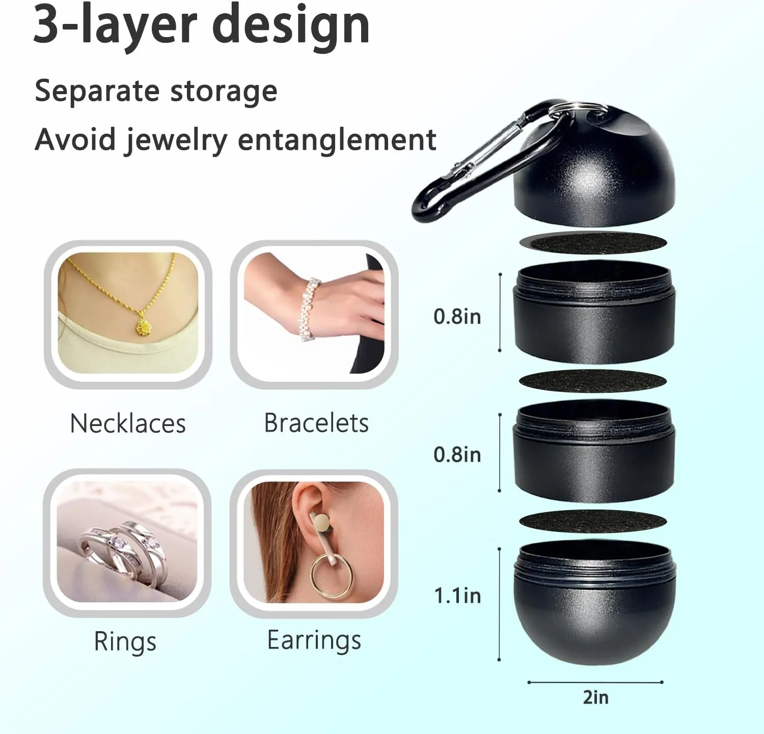 Portable Jewelry Holder Keychain Travel Ring Holder 3 Layers Keychain Container with Protective Sponge for Organizing rings, Necklaces, Earrings (Round Black)