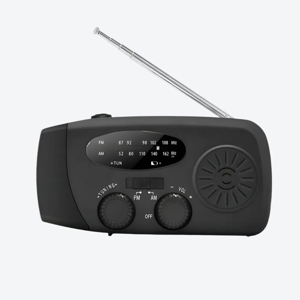 Portable Radio with Solar Power, Hand Crank, Charging Cable, Power Bank, Flashlight