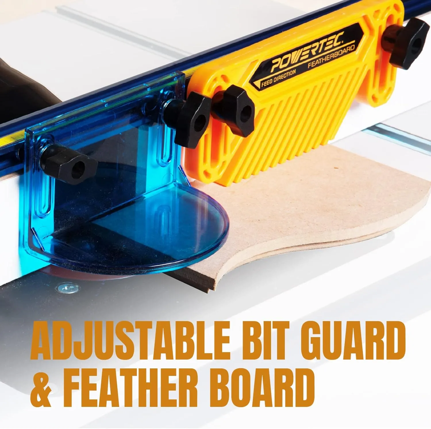 POWERTEC Router Table Fence System 3-1/2" Tall 32" Long, Router Fence Kit with Adjustment Knob, Aluminum Flip Stop, Measuring Tape, Feather Board, Bit Guard, and Built-In 2-1/2" Dust Port - 71655