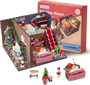 Prextex DIY Tiny House Kit Christmas Scene - Miniature House, Model Home, and Mini Room Kits for a Festive Holiday Building Experience - LED Lights, Snowman, Piano Set and Christmas Tree - Age 10 