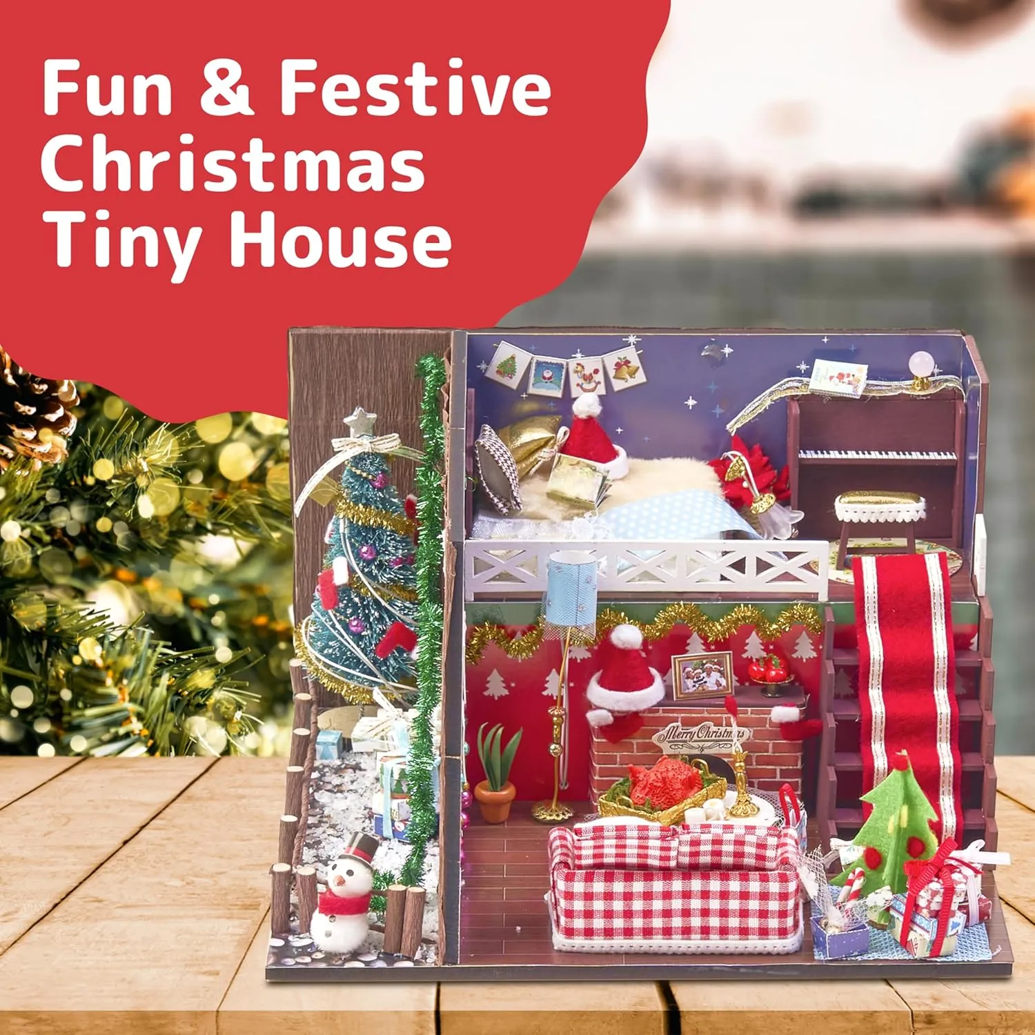 Prextex DIY Tiny House Kit Christmas Scene - Miniature House, Model Home, and Mini Room Kits for a Festive Holiday Building Experience - LED Lights, Snowman, Piano Set and Christmas Tree - Age 10 