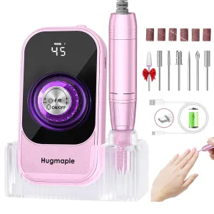 Professional Electric Nail Drill File, HUGMAPLE 45000RPM Portable E-File Machine with Bits & Base, Cordless Rechargeable Nail Drill Kit for Shaping, Removing & Polishing Gel Nails for Salon Home, Pink