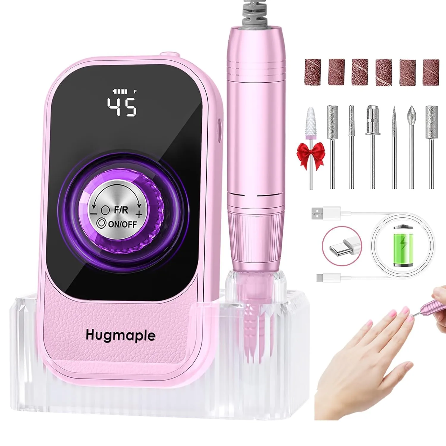 Professional Electric Nail Drill File, HUGMAPLE 45000RPM Portable E-File Machine with Bits & Base, Cordless Rechargeable Nail Drill Kit for Shaping, Removing & Polishing Gel Nails for Salon Home, Pink