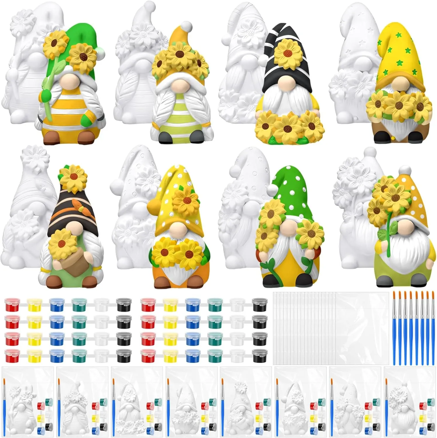 PullCrease 8 Pcs Gnome Ceramics to Paint Ready to Paint Your Own Ceramic Gnome Statues DIY Unpainted Ceramics Paintable Figurines Kit Crafts with Brush Palette for Boys Girls
