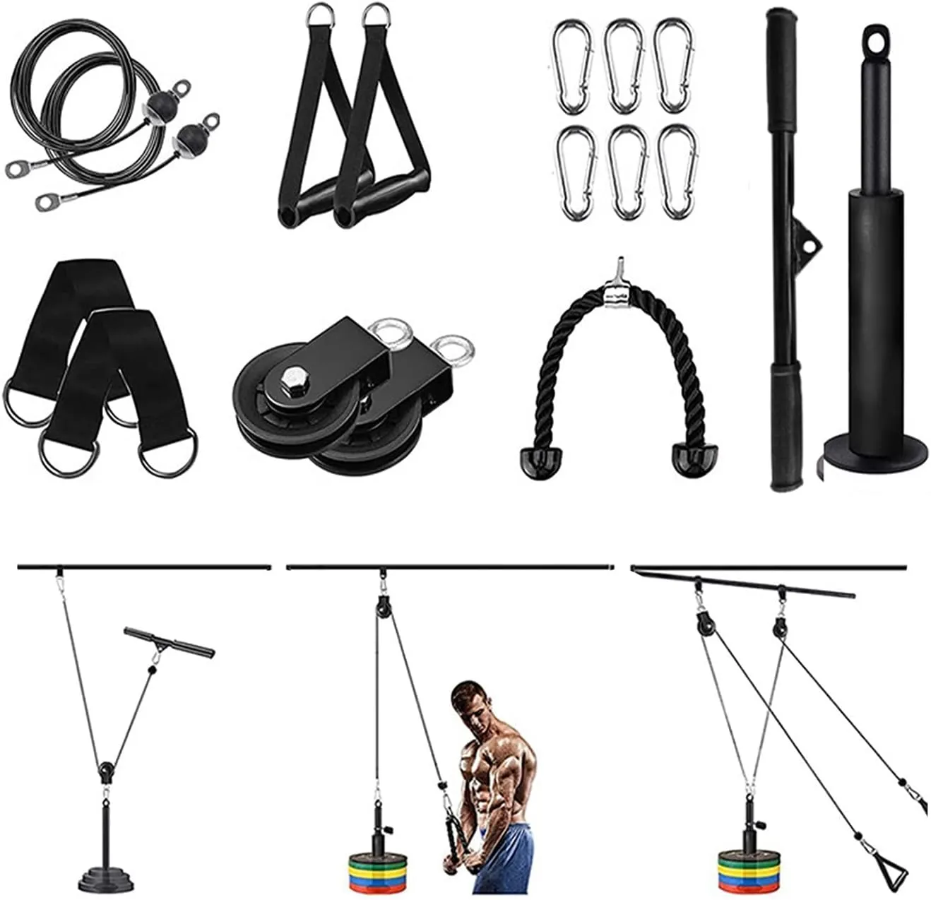Pulley System Gym, LAT Pull Down Cable Machine Attachments, Loading Pin, Handle and Tricep Rope, for Biceps Curl, Forearm, Triceps Exercise