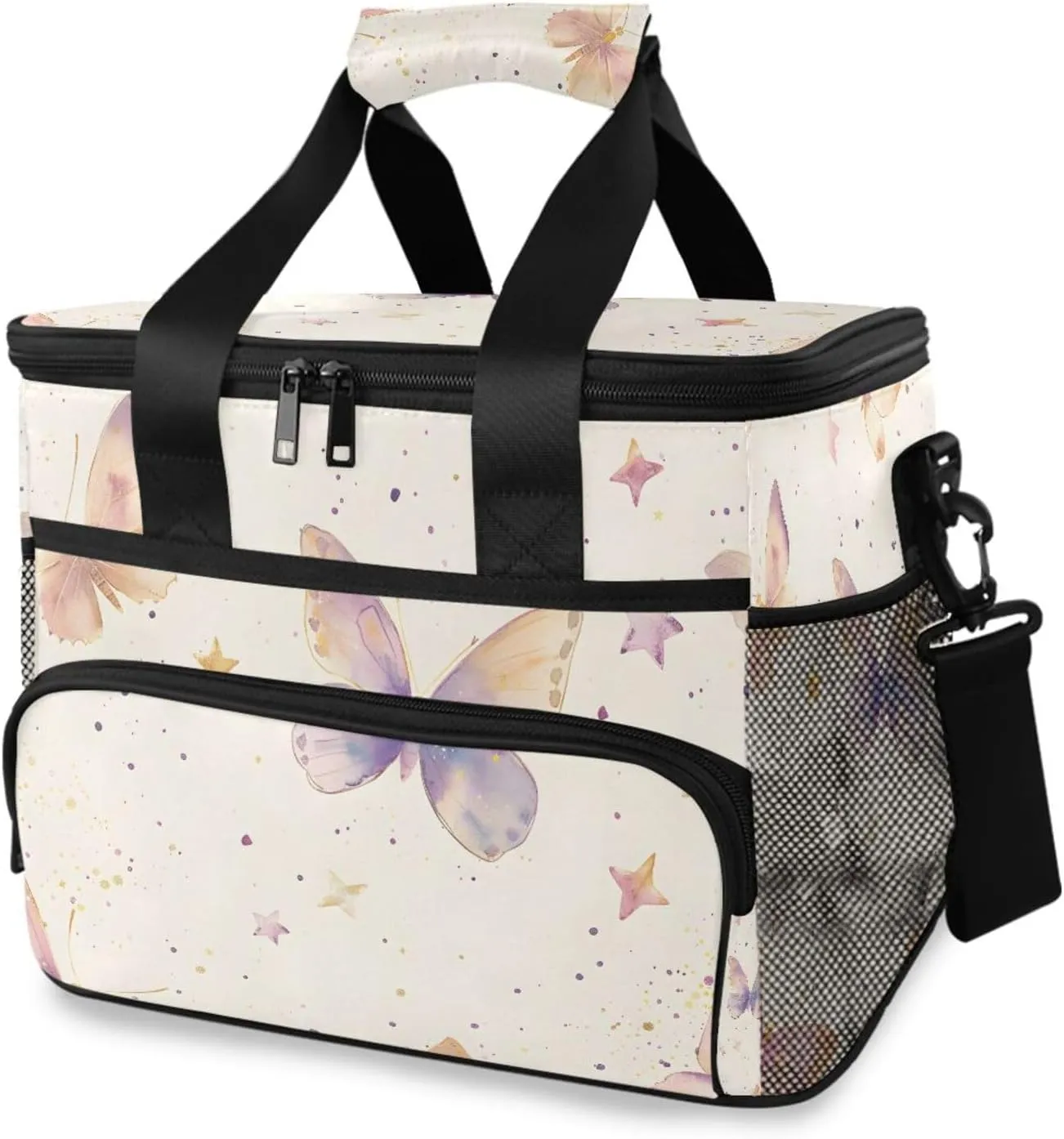 Purple Butterflies Stars Cooler Bag Insulated Cooler Soft Sided Cooler 24 Can Portable Picnic Bag Large Leakproof Lunch Bag Box for Beach Grocery Camping Travel Car Men Women