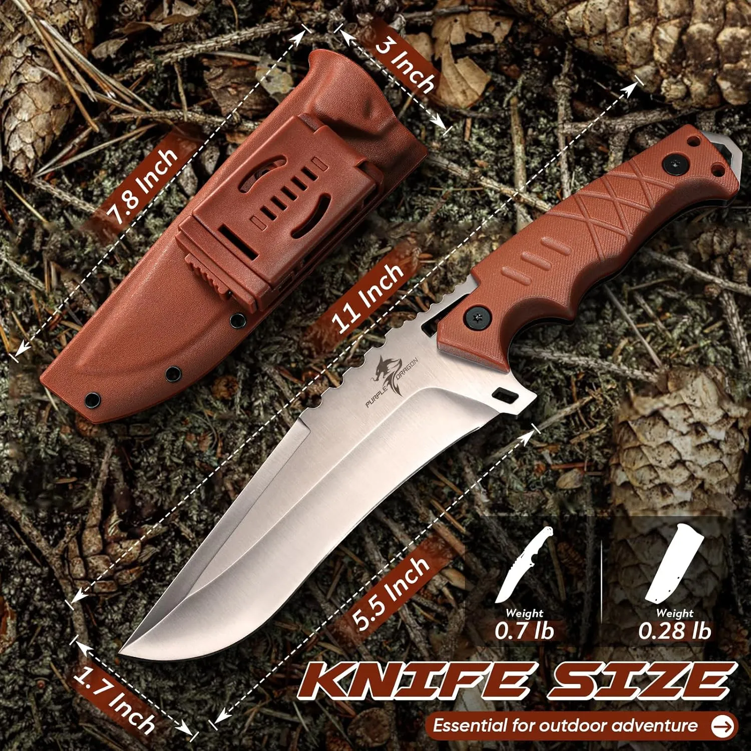 Purple Dragon Fixed Blade Knife with Kydex Sheath - D2 Steel Survival Knives for Camping, Bushcraft, Hunting - Ergonomic G10 Handle Outdoor Survival Gear Gift for Men