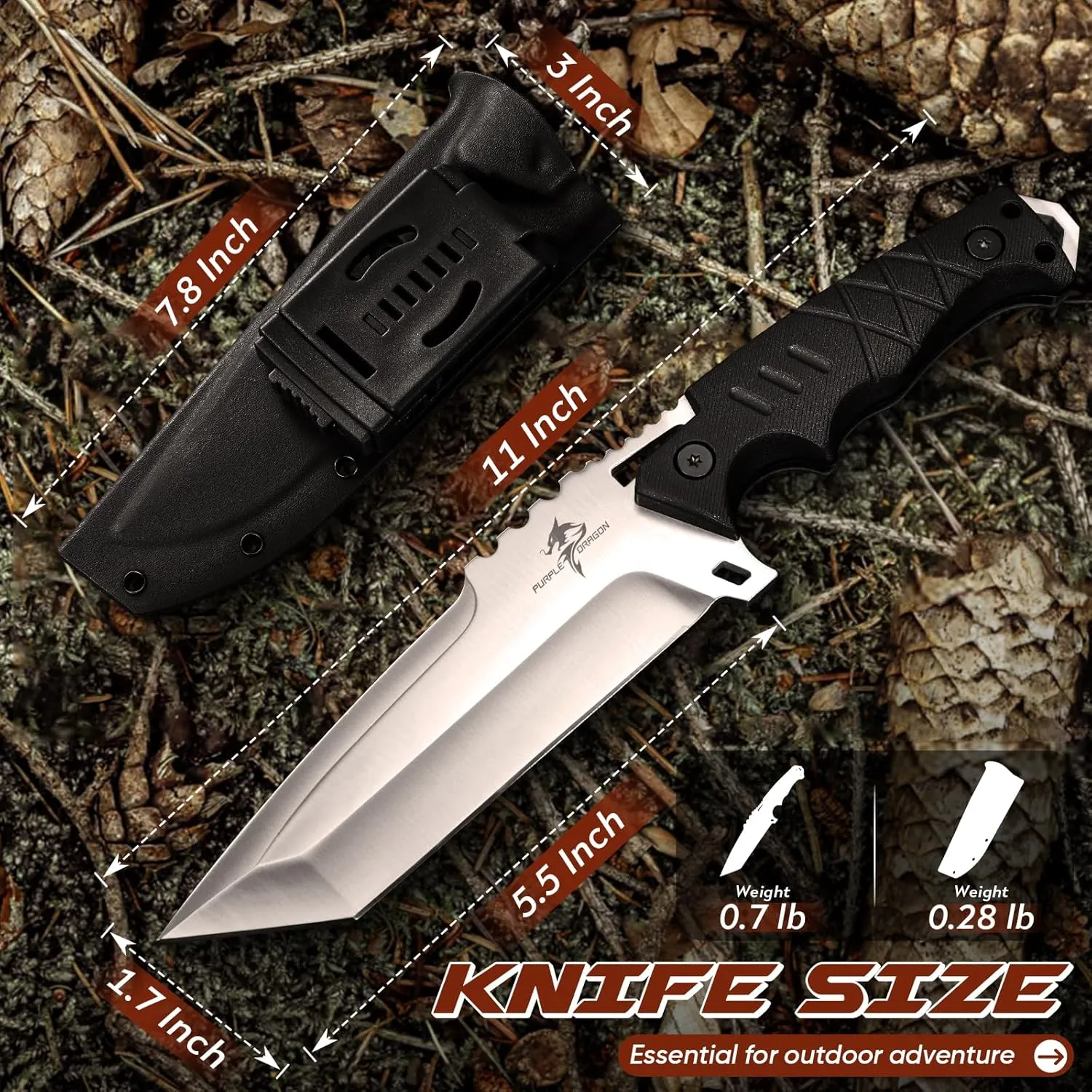 Purple Dragon Fixed Blade Knife with Kydex Sheath - D2 Steel Survival Knives for Camping, Bushcraft, Hunting - Ergonomic G10 Handle Outdoor Survival Gear Gift for Men(Black-T)