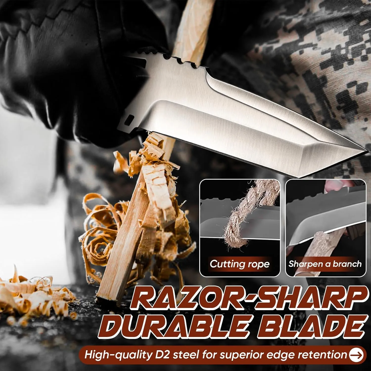 Purple Dragon Fixed Blade Knife with Kydex Sheath - D2 Steel Survival Knives for Camping, Bushcraft, Hunting - Ergonomic G10 Handle Outdoor Survival Gear Gift for Men(Black-T)