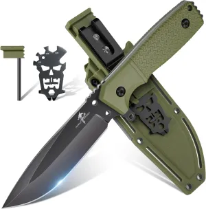Purple Dragon Green Survival Knife with Kydex Sheath, Full Tang Fixed Blade Hunting Knife Made from a Single Piece of D2 Steel, Field Knife for Bushcraft Camping and Hunting, Gifts for Men