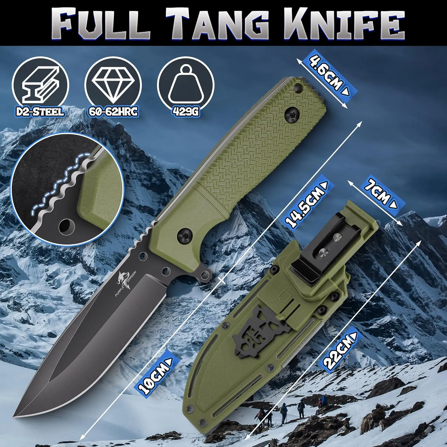 Purple Dragon Green Survival Knife with Kydex Sheath, Full Tang Fixed Blade Hunting Knife Made from a Single Piece of D2 Steel, Field Knife for Bushcraft Camping and Hunting, Gifts for Men