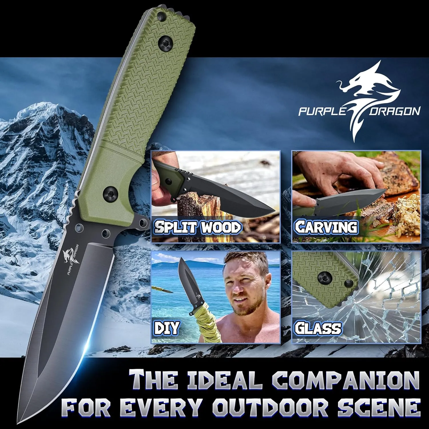 Purple Dragon Green Survival Knife with Kydex Sheath, Full Tang Fixed Blade Hunting Knife Made from a Single Piece of D2 Steel, Field Knife for Bushcraft Camping and Hunting, Gifts for Men