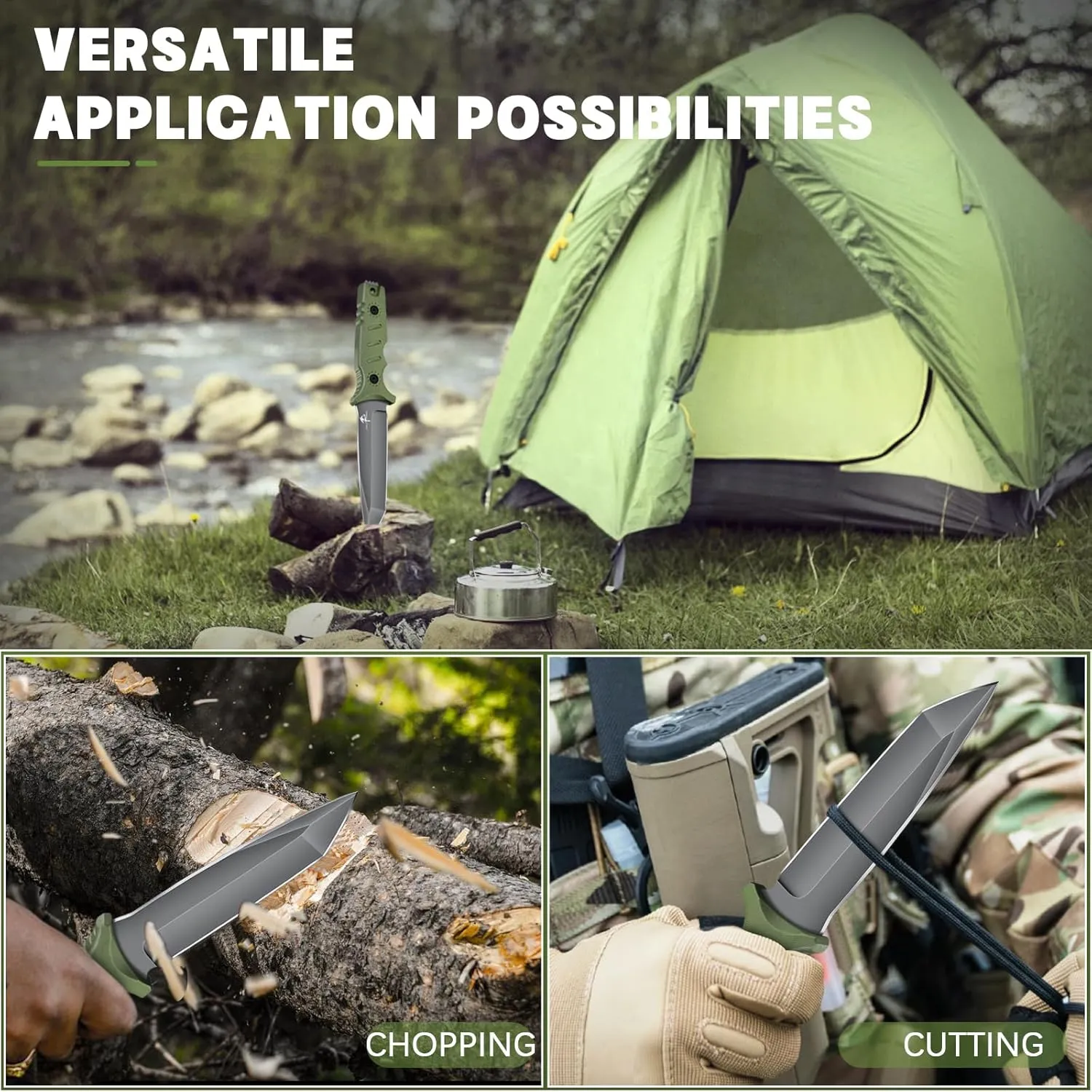 Purple Dragon Green Survival Knife with Kydex Sheath - Full Tang Fixed Blade Made from a Single Piece of D2 Steel - Field Knife for Bushcraft, Camping and Hunting - Gift for Men
