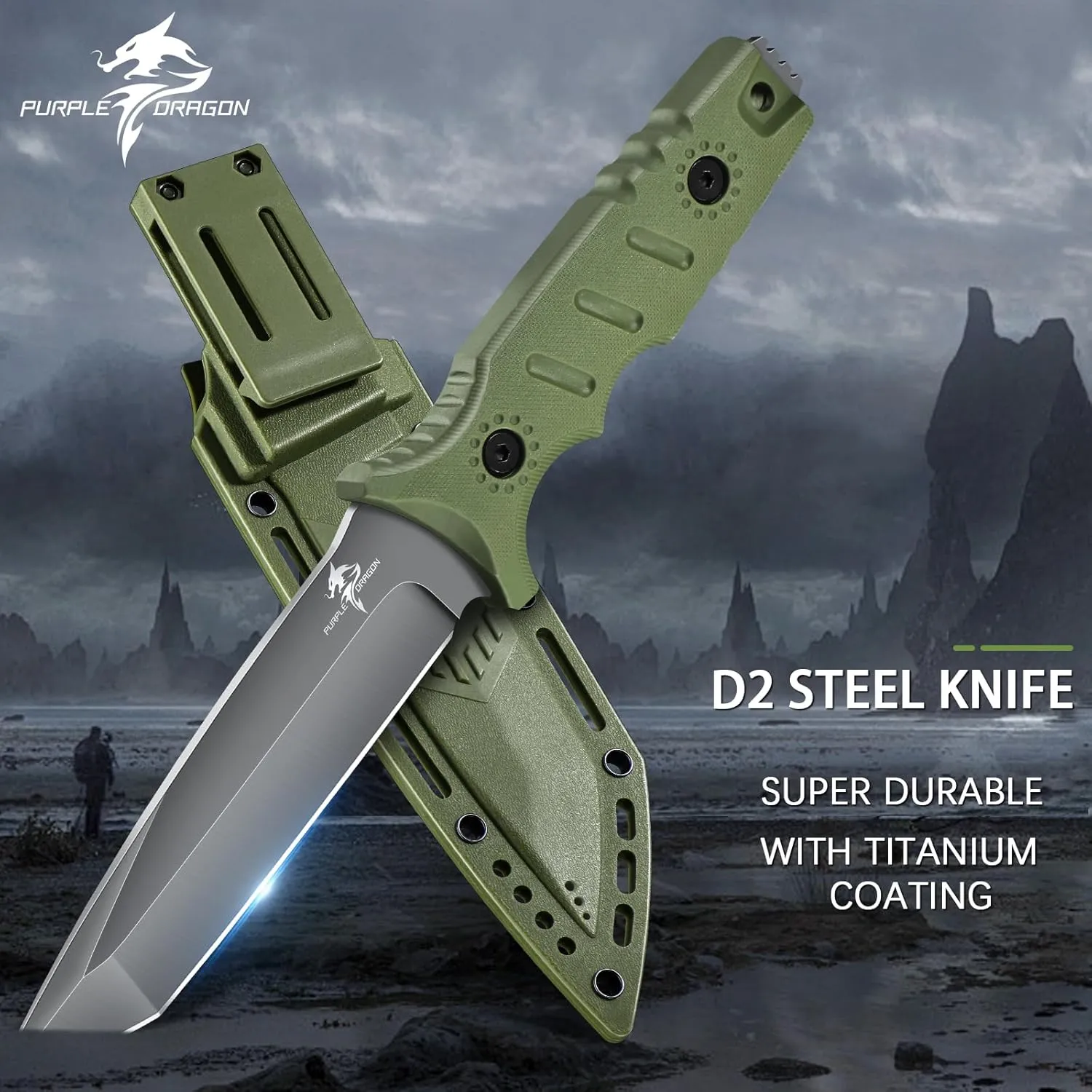 Purple Dragon Green Survival Knife with Kydex Sheath - Full Tang Fixed Blade Made from a Single Piece of D2 Steel - Field Knife for Bushcraft, Camping and Hunting - Gift for Men