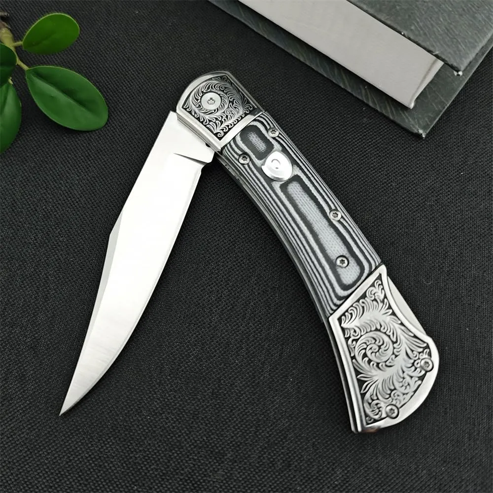 push button assisted opening Folding Knife，D2 Steel Blade，Micarta Handle with Leather Sheath，EDC Camping Pocket Knives for Men（grey）