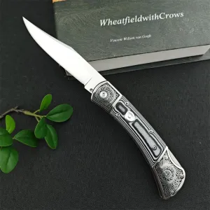 push button assisted opening Folding Knife，D2 Steel Blade，Micarta Handle with Leather Sheath，EDC Camping Pocket Knives for Men（grey）