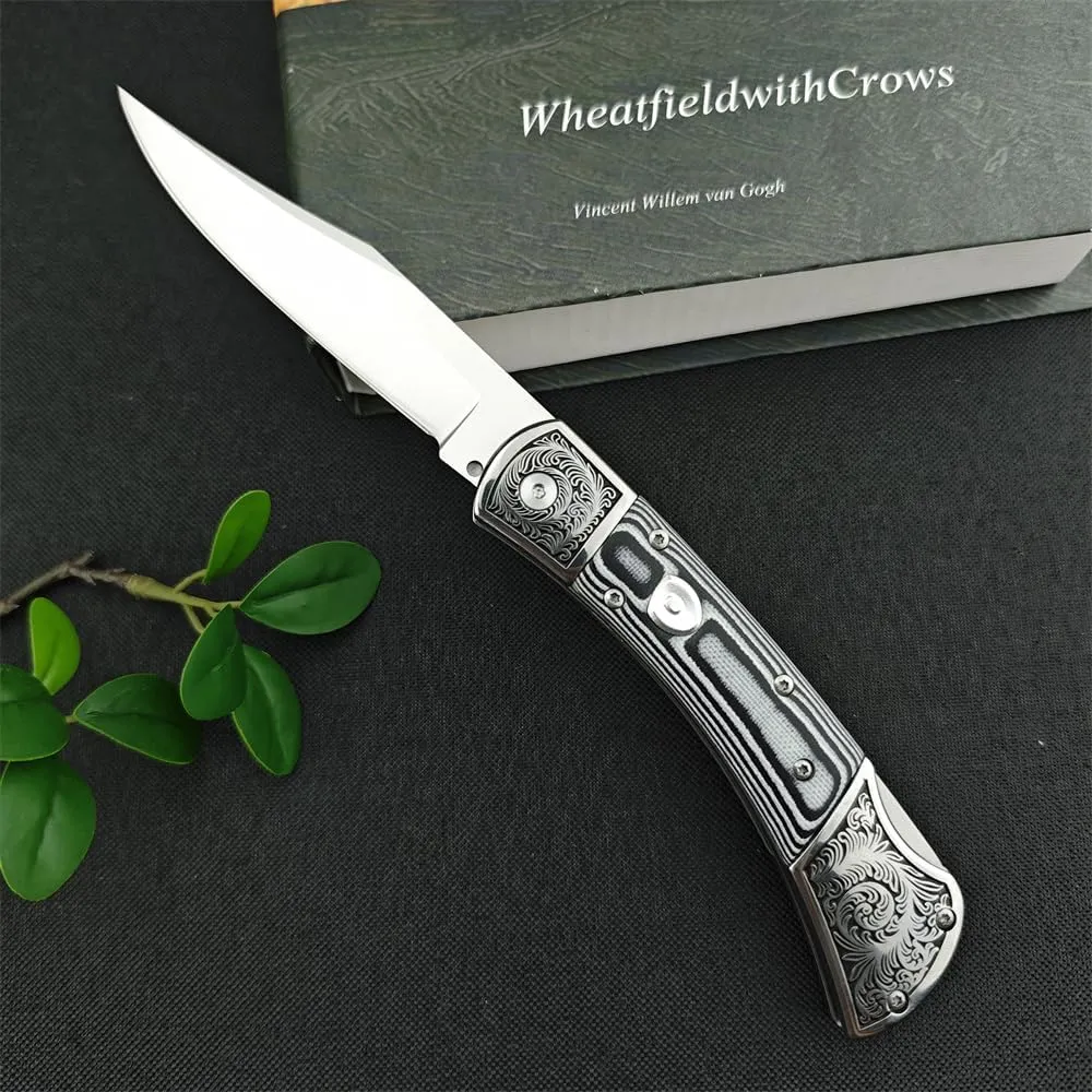 push button assisted opening Folding Knife，D2 Steel Blade，Micarta Handle with Leather Sheath，EDC Camping Pocket Knives for Men（grey）
