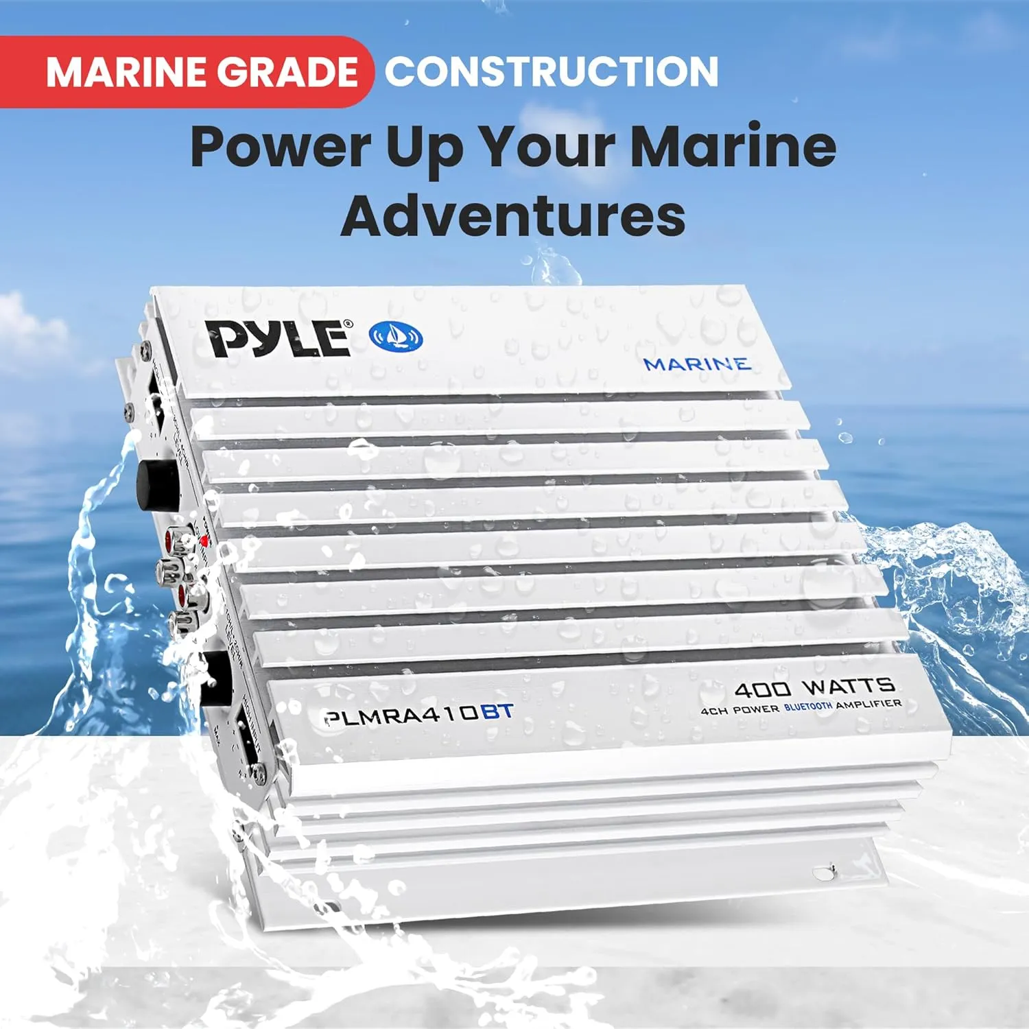 Pyle 2.1 Bluetooth Marine Amplifier Receiver - Waterproof 4 Channel Wireless Bridgeable Audio Amp for Stereo Speaker with 400W Power Dual MOSFET Supply, GAIN Level & LED Indicator, Black - PLMRA410BT