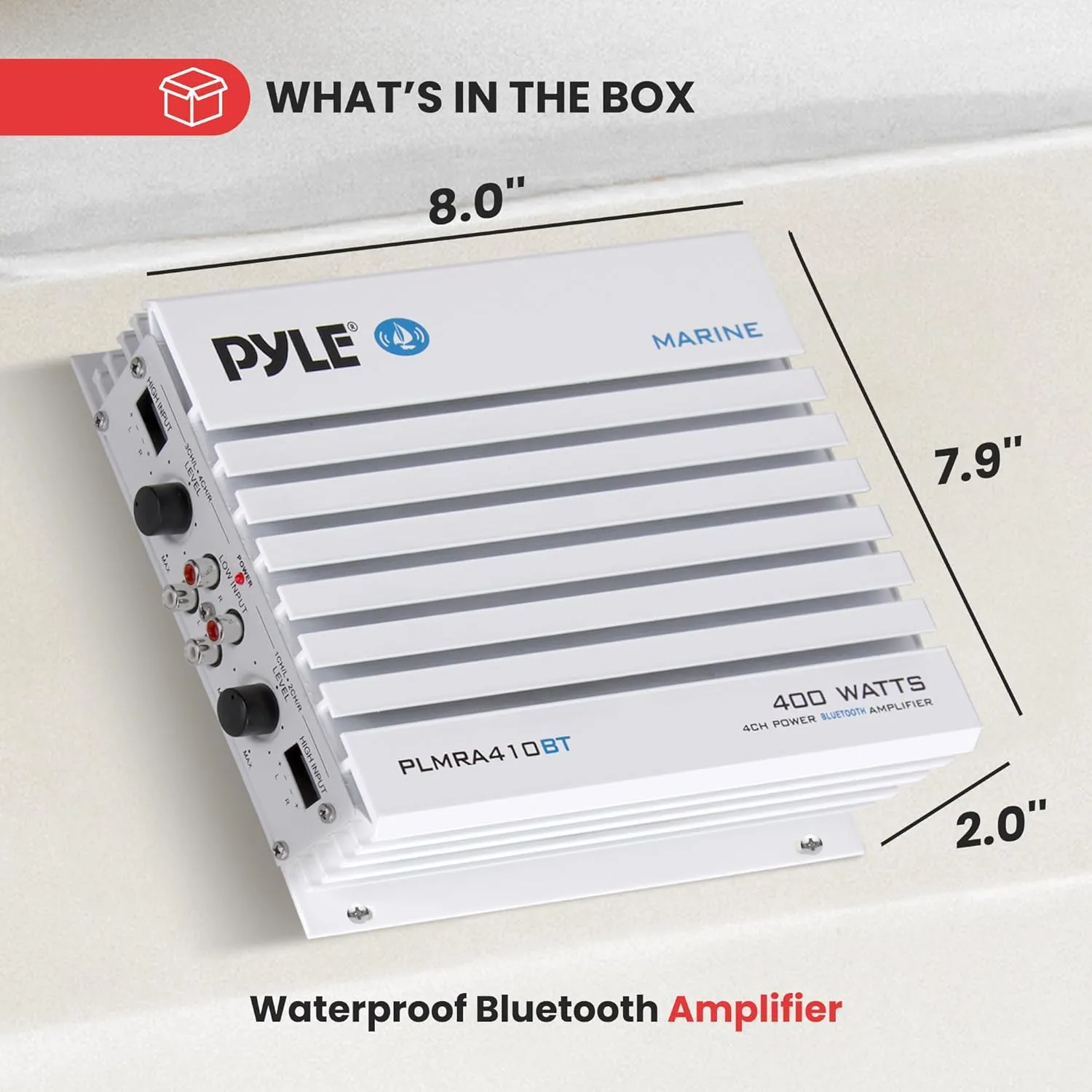 Pyle 2.1 Bluetooth Marine Amplifier Receiver - Waterproof 4 Channel Wireless Bridgeable Audio Amp for Stereo Speaker with 400W Power Dual MOSFET Supply, GAIN Level & LED Indicator, Black - PLMRA410BT