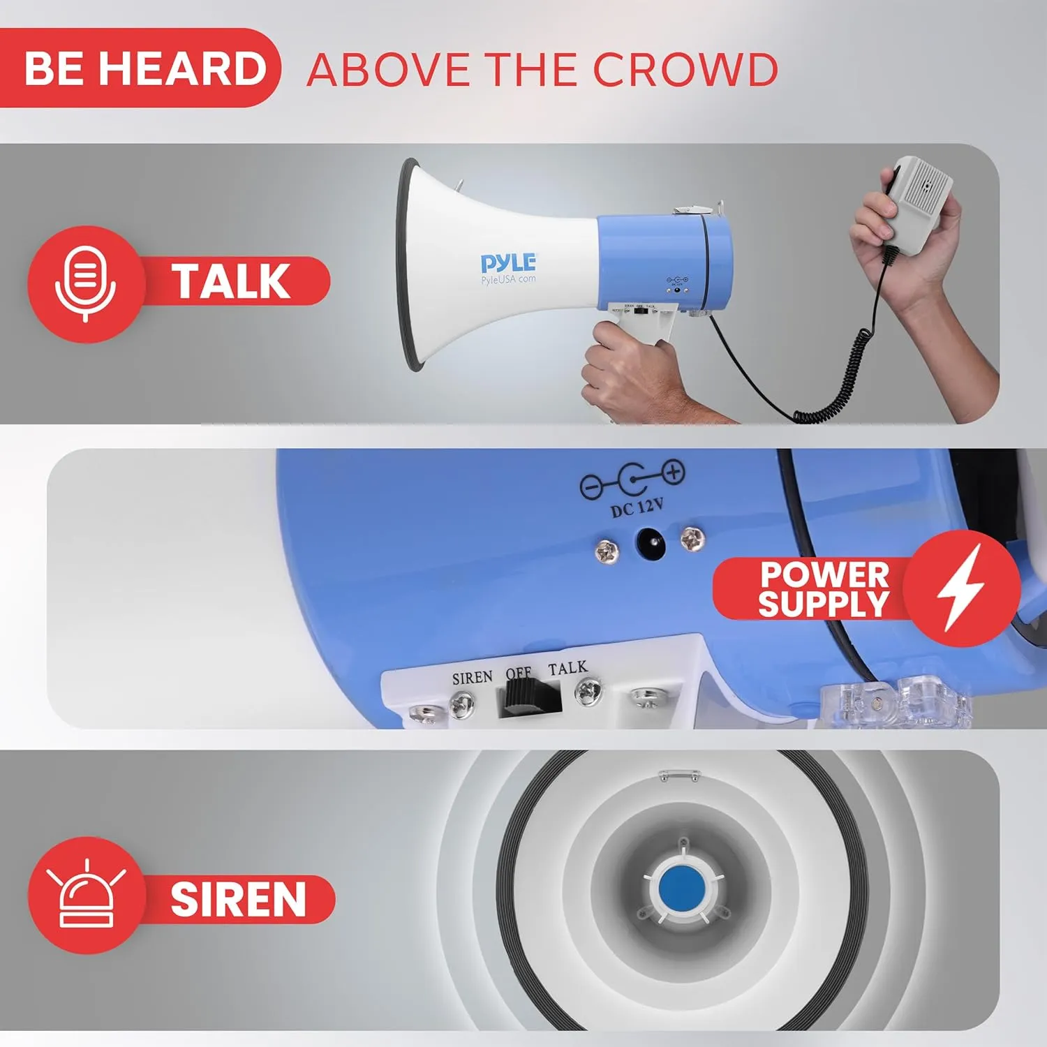PYLE Portable Megaphone Speaker PA Bullhorn - Built-in Siren, 50W Adjustable Volume Control in 1200 Yard Range, Ideal for Any Outdoor Sports, Cheerleading Fans & Coaches, or for Safety Drills