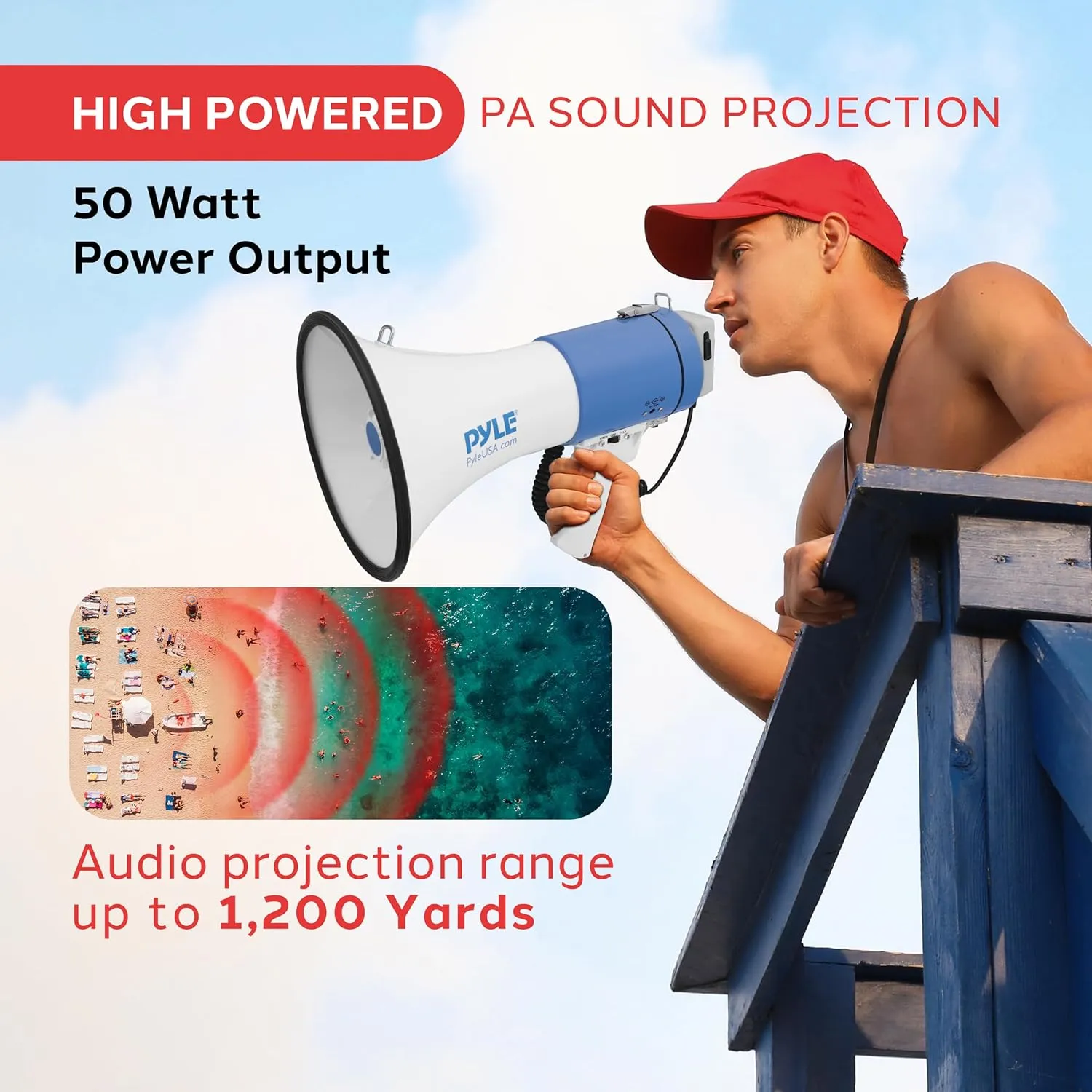 PYLE Portable Megaphone Speaker PA Bullhorn - Built-in Siren, 50W Adjustable Volume Control in 1200 Yard Range, Ideal for Any Outdoor Sports, Cheerleading Fans & Coaches, or for Safety Drills