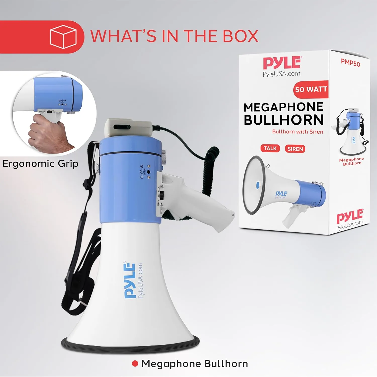 PYLE Portable Megaphone Speaker PA Bullhorn - Built-in Siren, 50W Adjustable Volume Control in 1200 Yard Range, Ideal for Any Outdoor Sports, Cheerleading Fans & Coaches, or for Safety Drills