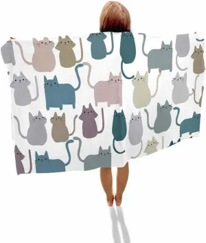 Quick-Drying Microfiber Beach Towel, Cartoon Lovely Cat Print Soft Absorbent Bath Shower Towels, Simple Lightweight Portable Towel/Blanket for Travel/Swimming Pool/Camping/Yoga/Gym，35x70 Inch