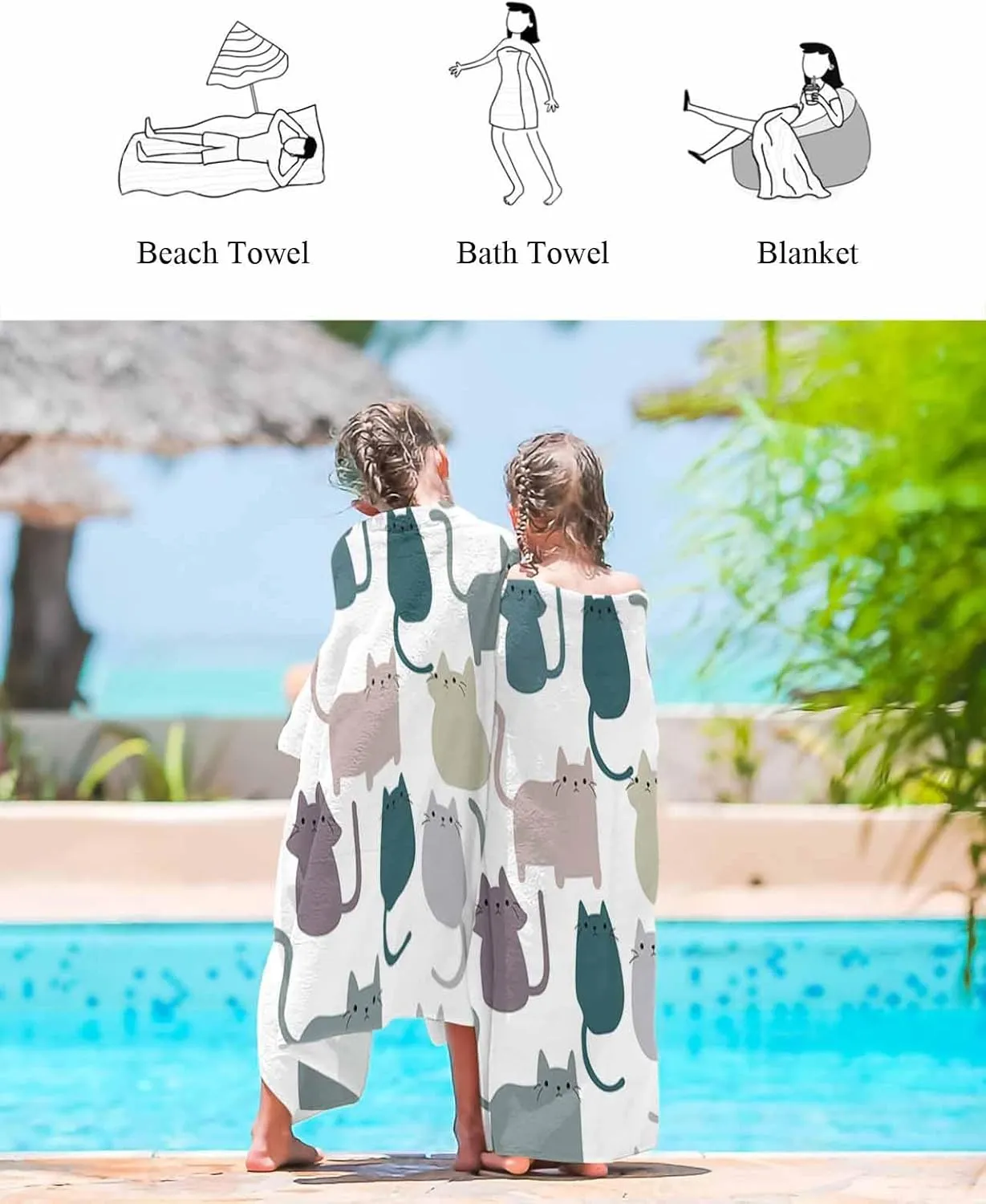 Quick-Drying Microfiber Beach Towel, Cartoon Lovely Cat Print Soft Absorbent Bath Shower Towels, Simple Lightweight Portable Towel/Blanket for Travel/Swimming Pool/Camping/Yoga/Gym，35x70 Inch