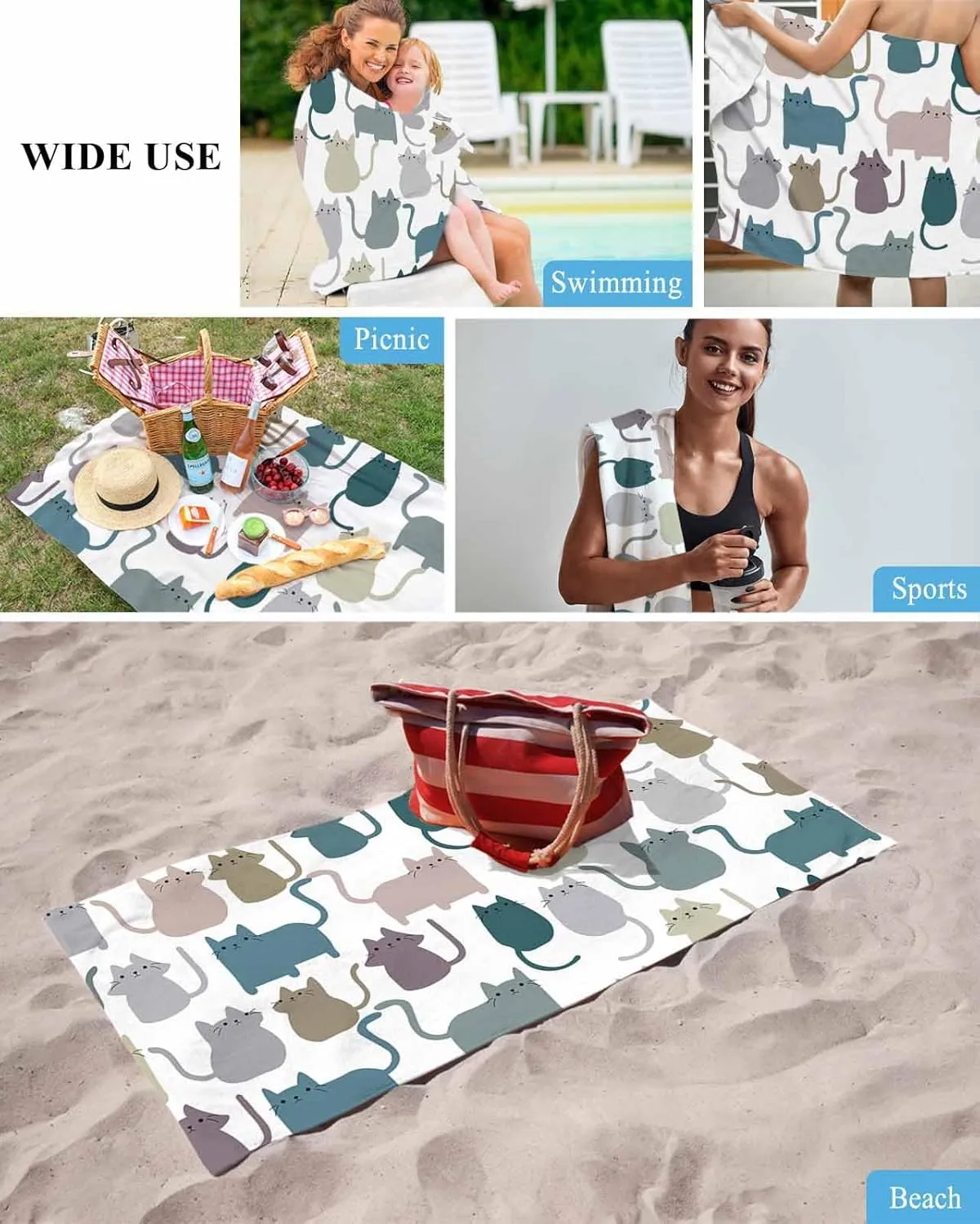 Quick-Drying Microfiber Beach Towel, Cartoon Lovely Cat Print Soft Absorbent Bath Shower Towels, Simple Lightweight Portable Towel/Blanket for Travel/Swimming Pool/Camping/Yoga/Gym，35x70 Inch