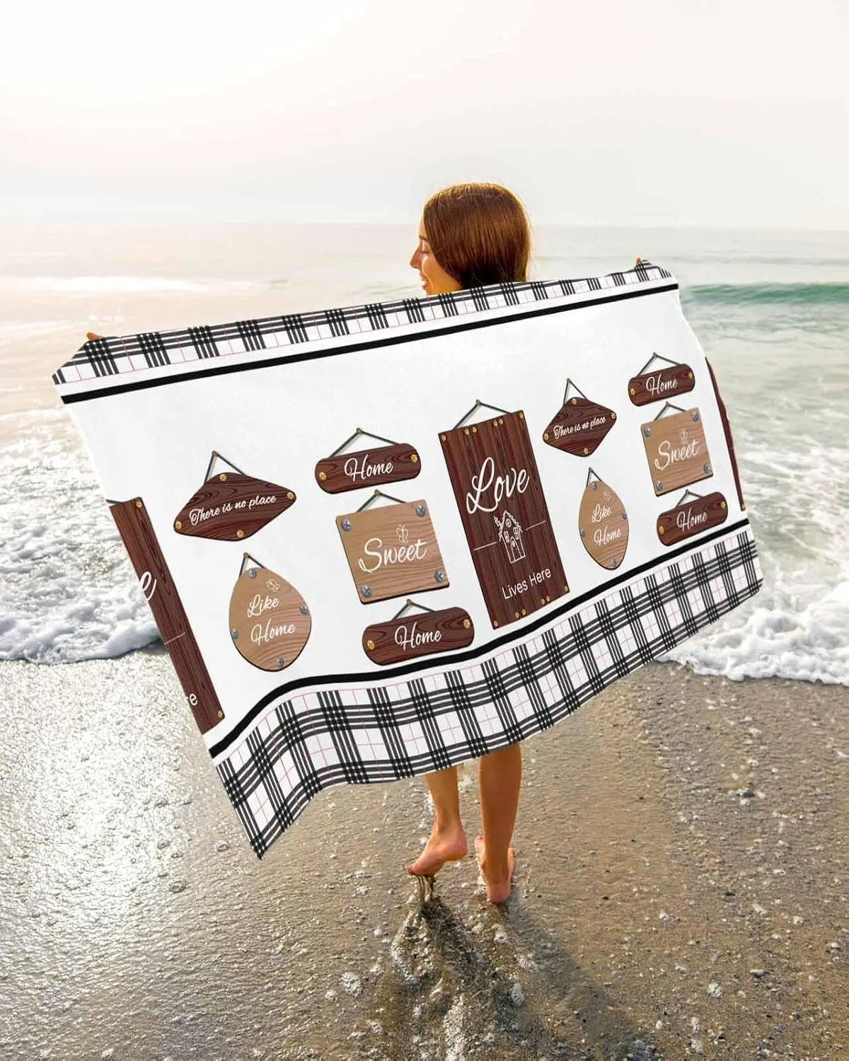 Quick-Drying Microfiber Beach Towel, Rustic Coffee Soft Absorbent Bath Shower Towels, Casual Buffalo Plaid Lightweight Portable Towel/Blanket for Travel/Swimming Pool/Camping/Yoga/Gym，35x70 Inch