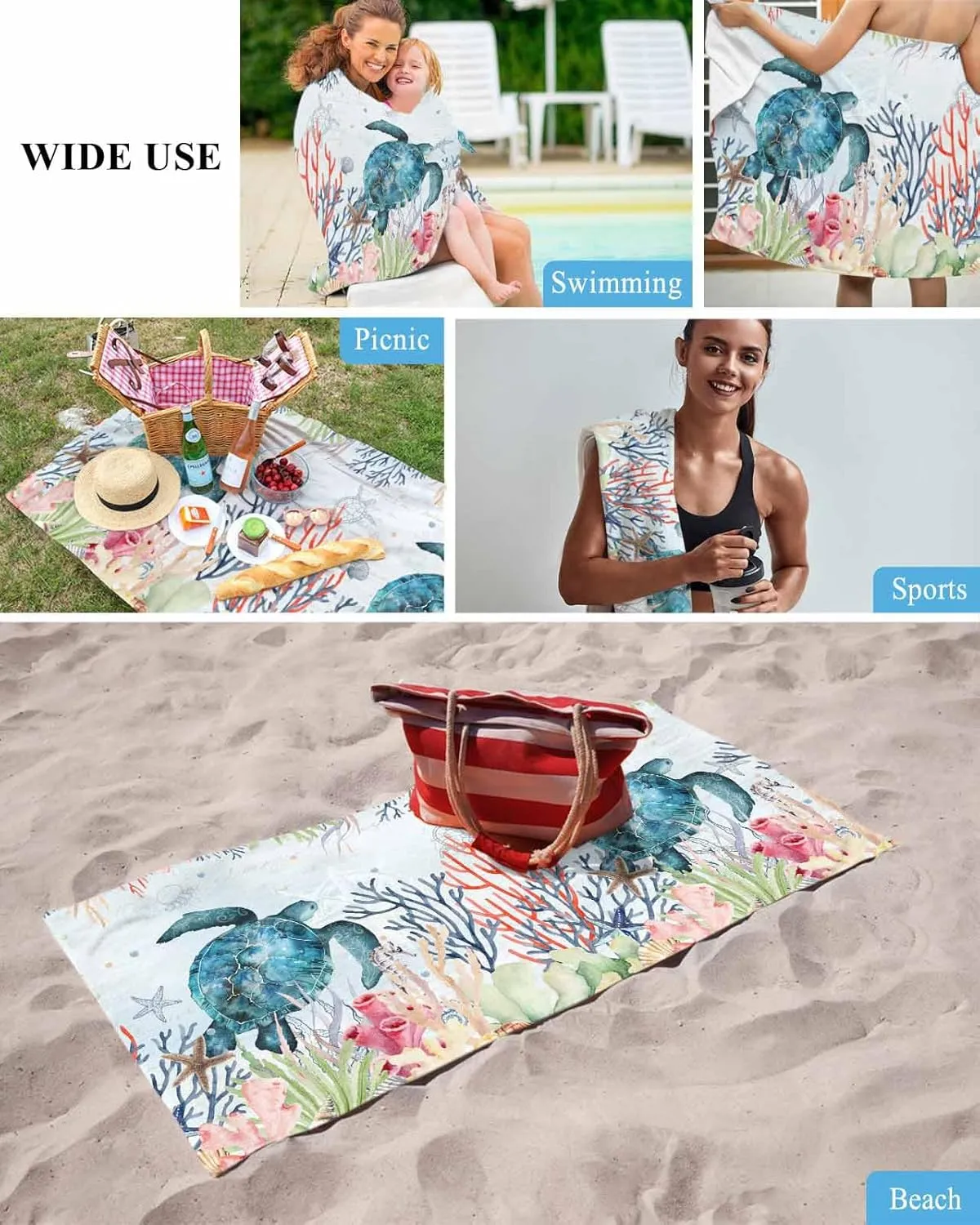 Quick-Drying Microfiber Beach Towel, Sea Turtle Soft Absorbent Bath Shower Towels, Ocean Coral Shell Lightweight Portable Towel/Blanket for Travel/Swimming Pool/Camping/Yoga/Gym，35x70 Inch