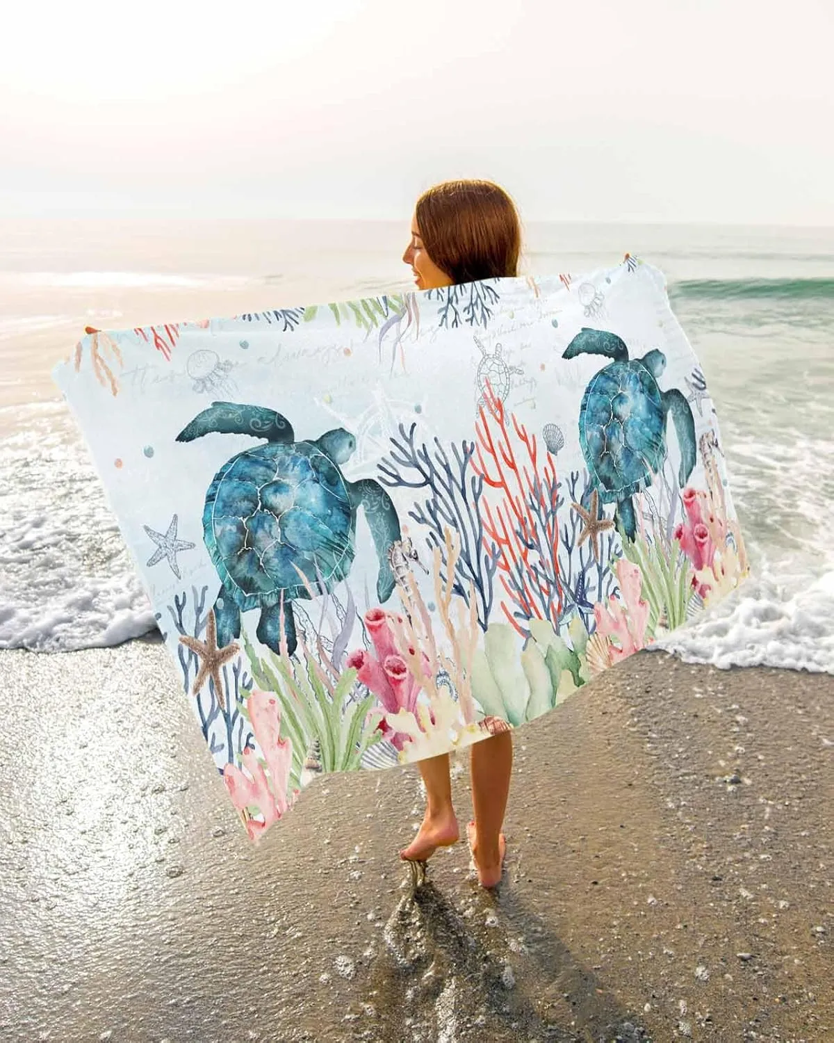 Quick-Drying Microfiber Beach Towel, Sea Turtle Soft Absorbent Bath Shower Towels, Ocean Coral Shell Lightweight Portable Towel/Blanket for Travel/Swimming Pool/Camping/Yoga/Gym，35x70 Inch