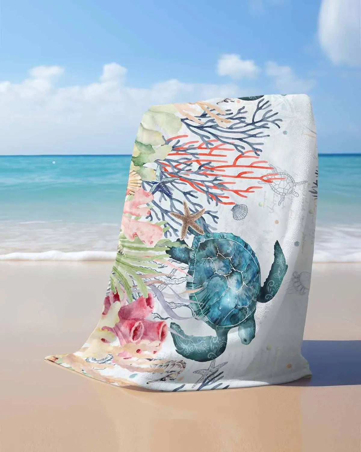 Quick-Drying Microfiber Beach Towel, Sea Turtle Soft Absorbent Bath Shower Towels, Ocean Coral Shell Lightweight Portable Towel/Blanket for Travel/Swimming Pool/Camping/Yoga/Gym，35x70 Inch