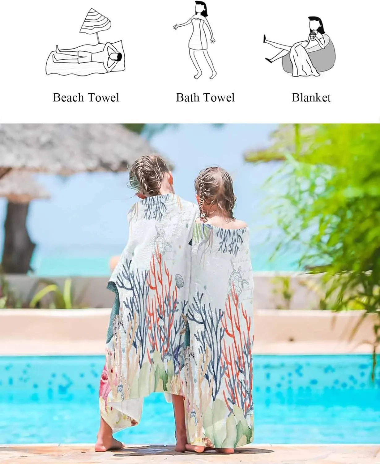 Quick-Drying Microfiber Beach Towel, Sea Turtle Soft Absorbent Bath Shower Towels, Ocean Coral Shell Lightweight Portable Towel/Blanket for Travel/Swimming Pool/Camping/Yoga/Gym，35x70 Inch