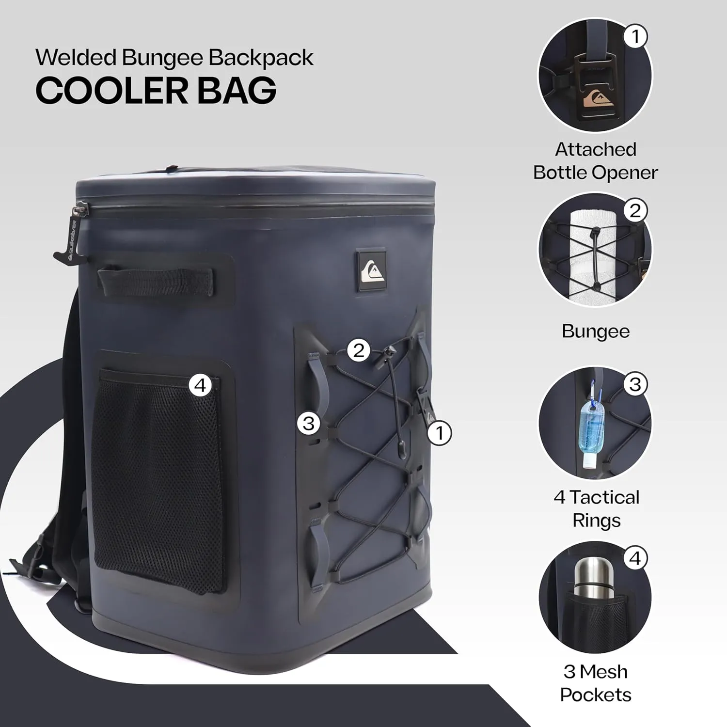 Quiksilver Welded Bungee Backpack Cooler, 30L/36 Cans, 48-72 Hours Insulation, Leakproof & Waterproof IPX7 Rated, Heavy-Duty 600D TPU, Adjustable Straps, Tactical Rings & Mesh Pockets