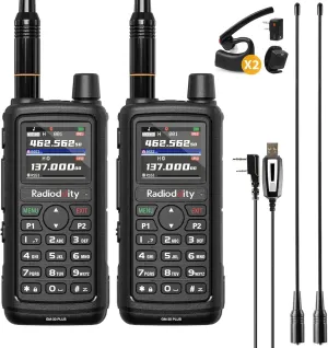 Radioddity GM-30 Plus GMRS Handheld Radio 2Packs, GMRS Repeater Capable, NOAA/UHF/VHF/AIRBAND Scanner & Receiver w/ 1000 Channels, GPS Tracking, Programming Cable, 15.5” ANT, 2xK1 BT Headsets