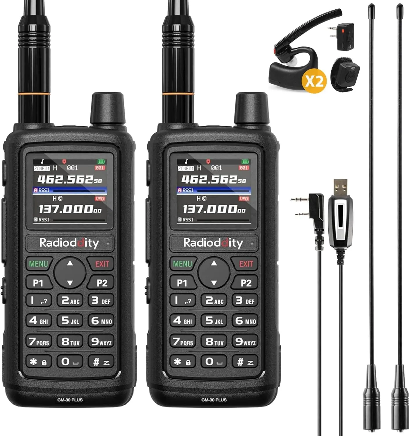 Radioddity GM-30 Plus GMRS Handheld Radio 2Packs, GMRS Repeater Capable, NOAA/UHF/VHF/AIRBAND Scanner & Receiver w/ 1000 Channels, GPS Tracking, Programming Cable, 15.5” ANT, 2xK1 BT Headsets