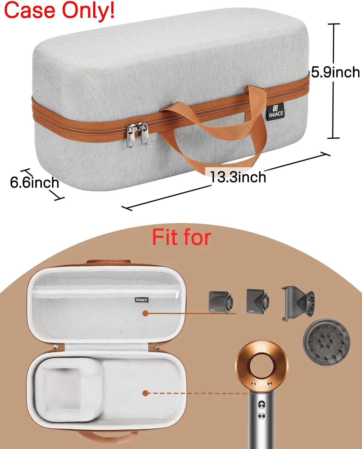 RAIACE Hard Storage Case Compatible with Dyson Hair Dryer, Travel Carrying Bag. (for Sale is case only). - Gray(Gray Lining)