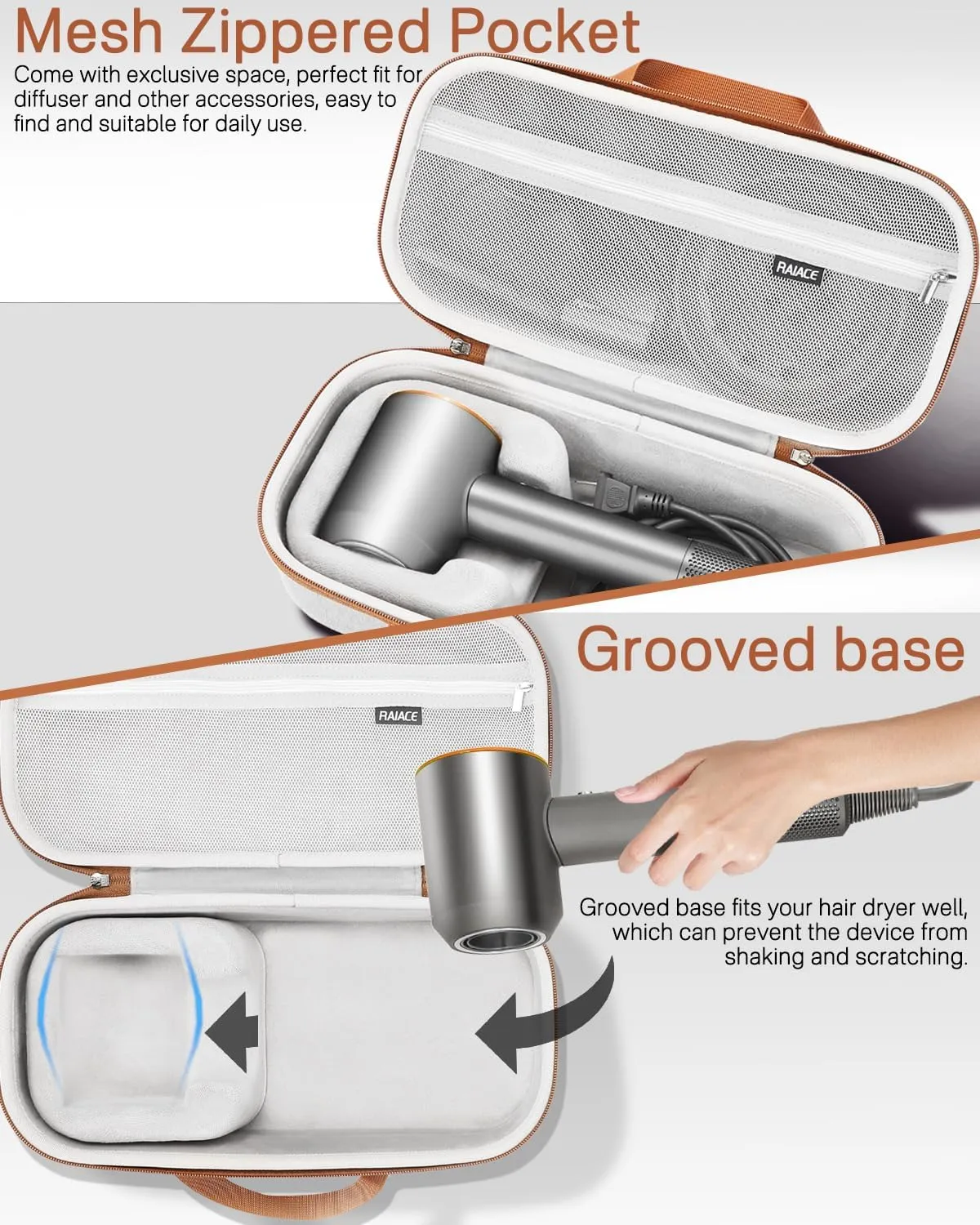 RAIACE Hard Storage Case Compatible with Dyson Hair Dryer, Travel Carrying Bag. (for Sale is case only). - Gray(Gray Lining)