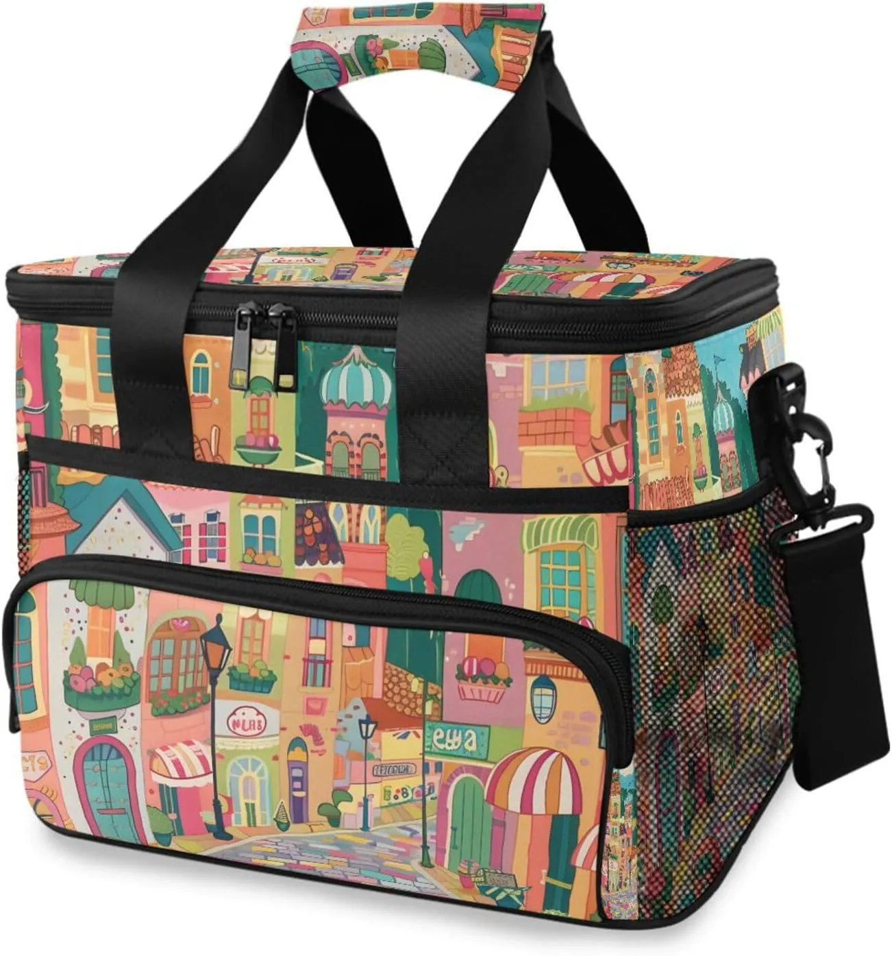 Rainbow Town Doodle Cooler Bag Insulated Cooler Soft Sided Cooler 24 Can Portable Picnic Bag Large Leakproof Lunch Bag Box for Beach Grocery Camping Travel Car Men Women
