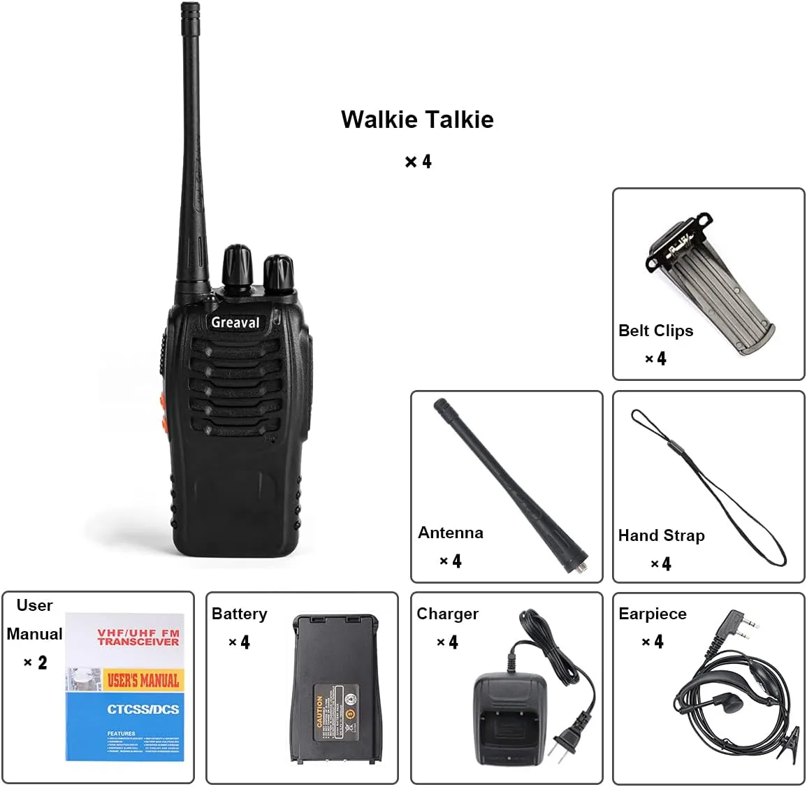 Rechargeable Walkie Talkies Long Range for Adults with Earpieces, 16 Channel Walky Talky Handheld Two Way Radios with Flashlight Li-ion Battery and Charger(Pack of 4)