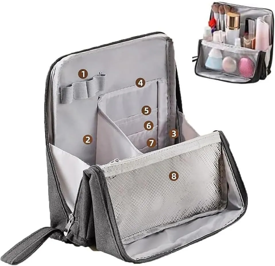 Relevanton Standing Makeup Bag, 2025 New Doresty Standing Makeup Bag Portable, Large Capacity, Multi-purpose Oxford Cloth Standing Makeup Bags with 8 Compartments (Gray)