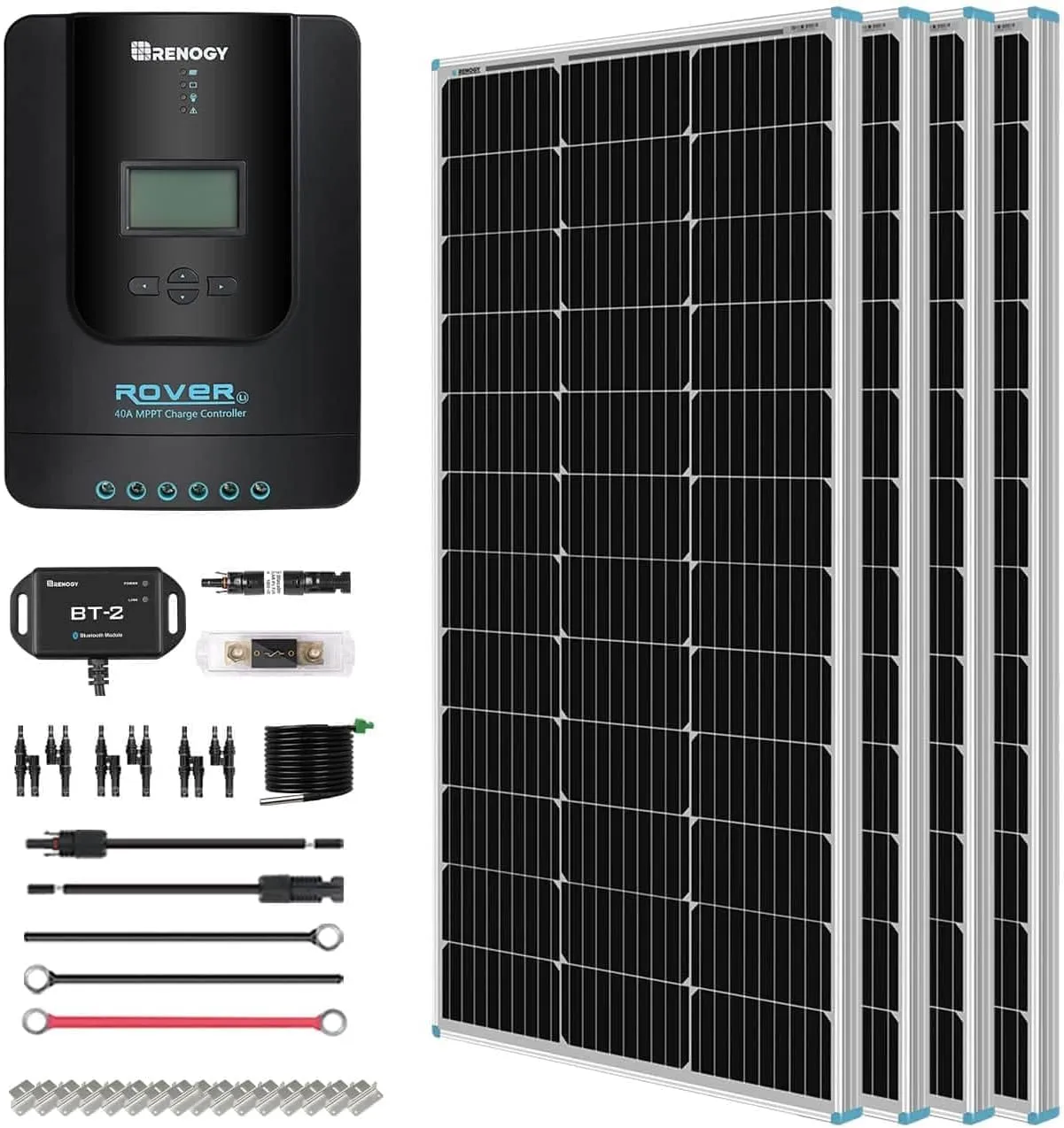 Renogy 400 Watt 12 Volt Premium 4 Pcs 100W Panel 40A MPPT Charge Controller  Bluetooth Module Fuse  Mounting Z Brackets Adaptor Kit  Tray Cables Set, 400W, Grid 12V Solar Power System