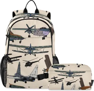 Retro Airplanes and Helicopters Backpack with Lunch Bag, School Travel Backpack for Teens Boys Girls Kids Backpacks Set