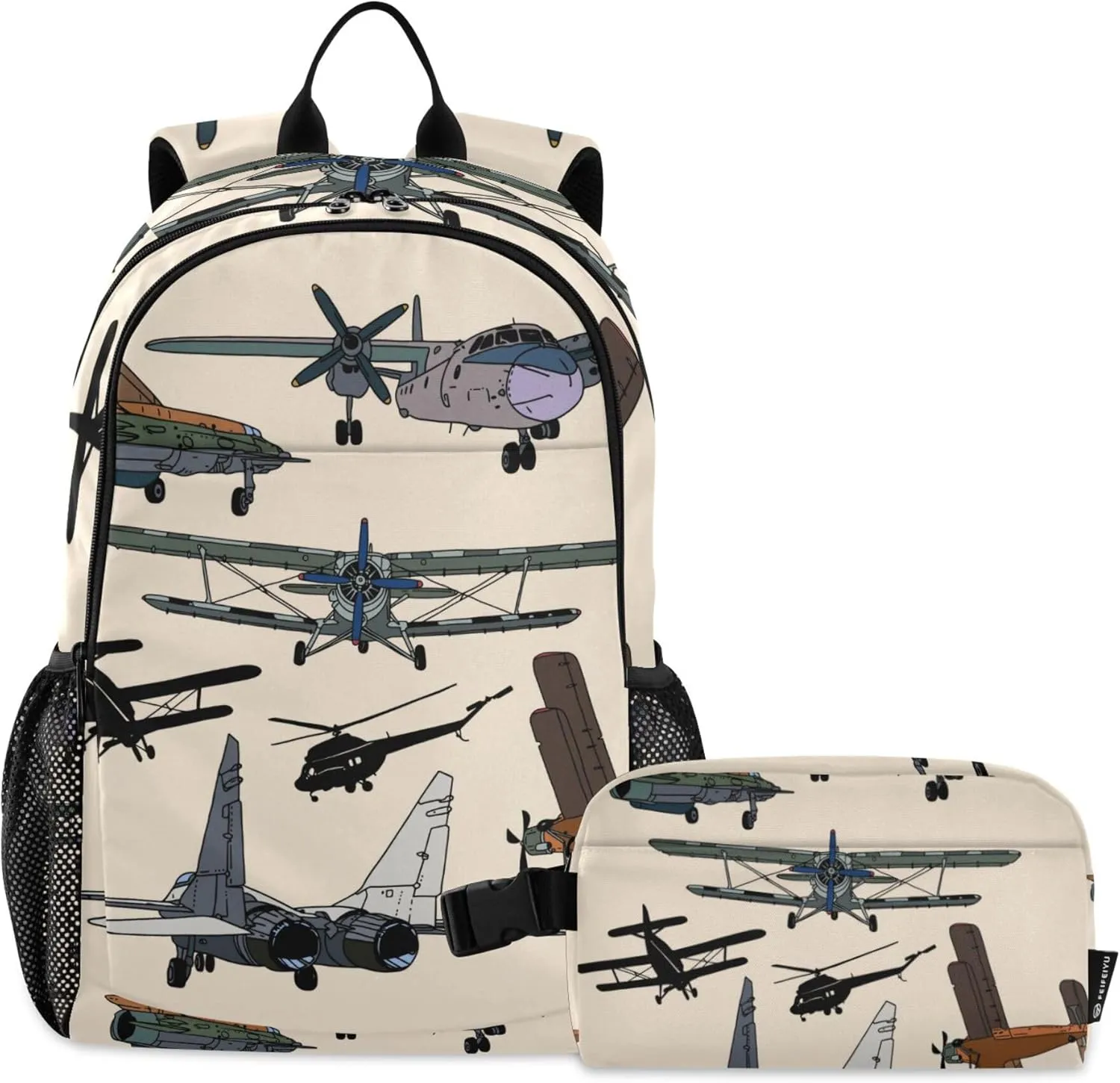 Retro Airplanes and Helicopters Backpack with Lunch Bag, School Travel Backpack for Teens Boys Girls Kids Backpacks Set