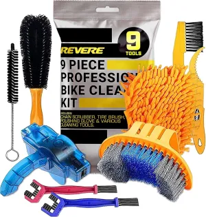 Revere 9-Piece Bike Cleaning Kit – Comprehensive Bicycle Maintenance Set with Chain Cleaners, Sprocket Scrubbers and Brushes for Mountain, BMX, and Road Bikes