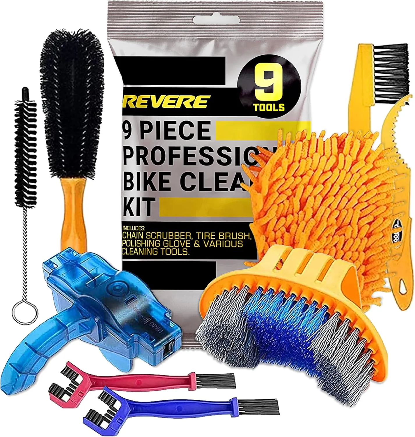 Revere 9-Piece Bike Cleaning Kit – Comprehensive Bicycle Maintenance Set with Chain Cleaners, Sprocket Scrubbers and Brushes for Mountain, BMX, and Road Bikes