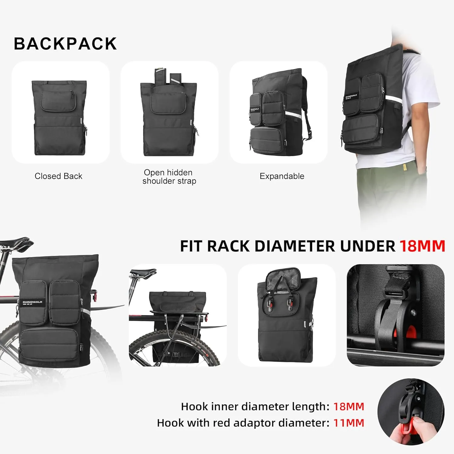 Rhinowalk Bike Pannier Bag Waterproof 22L Bicycle Rear Rack Trunk Bag for Cycling Bicycling Traveling Riding